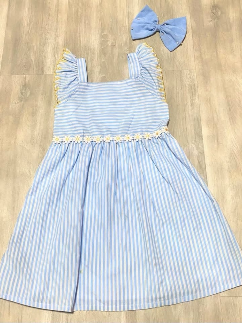 Blue Striped Daisy Waist Girls' Dress with Bow